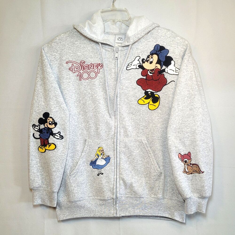Disney Hoodie Women’s Medium Gray Zip Embroidered Chenille Patches Disney 100